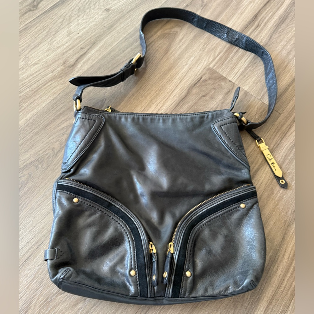 Cole Haan Black Leather Double Zipper Zip Strap with Gold Accent